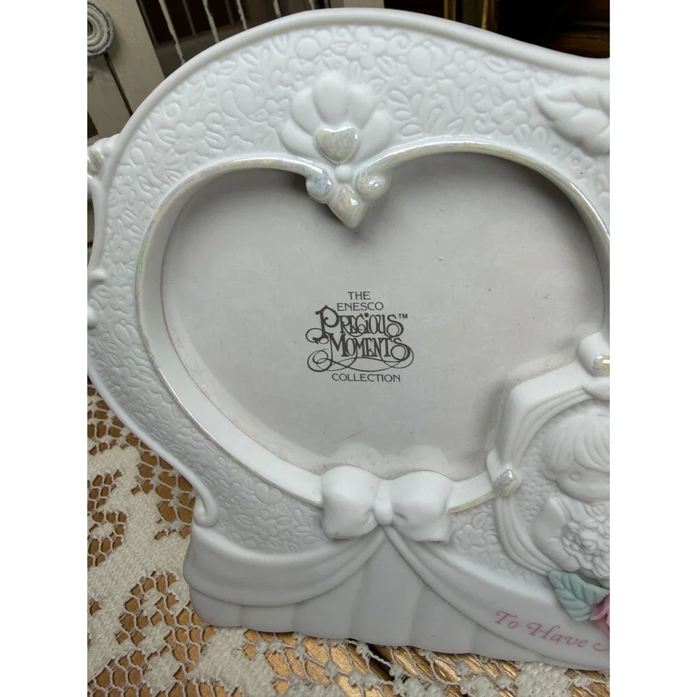 VTG Precious Moments Enesco Porcelain Double Heart Photo Frame To Have And Hold